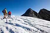 Zwei Männer wandern entlang von Gletscherspalten auf dem Hüfifirn, Clariden im Hintergrund, Kanton Uri, Schweiz