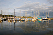 yachts berthed, lake Steinhuder reflections, Lower Saxony, Germany