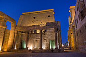 Illuminated Columned Hall inside Luxor Temple, Luxor, Egypt