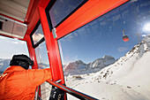 Overhead cable car to Piz Nair, ski area Corviglia, St. Moritz, Engadin, Grisons, Switzerland