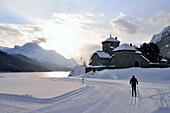 Cross-country skiing near Lake Silvaplana, Engadin, Grisons, Switzerland