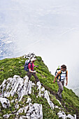 Two women mountain hiking, Innsbruck, Karwendel range, Tyrol, Austria