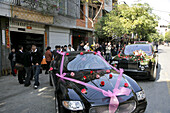 Decorated cars at a traditional chinese wedding, Jinfeng, Changle, Fujian province, China, Asia
