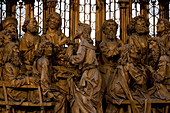 Holy Blood altar piece, detail of the Last Supper from woodcarver Tilman Riemenschneider in St. Jakob's church in Rothenburg ob der Tauber, Bavaria, Germany, Europe