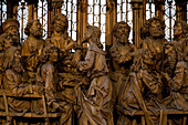 Heiligblutaltar, Detail: Letztes Abendmahl, Heiligblut-Retabel des Würzburger Bildschnitzers Tilman Riemenschneider in der Stadtpfarrkirche St. Jakob in Rothenburg ob der Tauber, Bayern, Deutschland, Europa