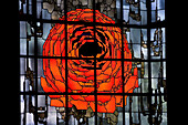 Stained glass window with rose, Pilgrimage church in Neviges, build in 1968 by architect Gottfried Böhm, Neviges, Bergisches Land, North Rhine-Westphalia, Germany, Europe