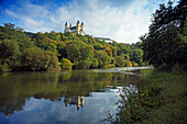 View over Lahn river to Arnstein Abbey, Rhineland-Palatinate, Germany