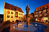 Market square fountain and town hall, Volkach, Franconia, Bavaria, Germany