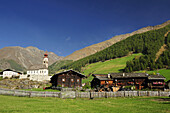 Farm houses and church, Schnalstal valley, Vinschgau, Austria, South Tyrol, Italy