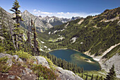 0608745 Lake Ann in glacial cirque w/ Whistler Mtn on left skyline,  Liberty Bell bkgnd view east fr near Maple Pass Abies lasiocarpa,  Tsuga mertensiana N Cascades NP,  Maple Pass Tr,  WA © Mark Turner