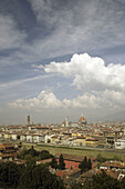 Aerial view of the old town of Florence with the Arno river,  the bell tower of Palazzo Vecchio and duomo (cathedral with campanile) at a sunny day with blue sky and some clouds,  Florence (Firence),  Tuscany,  Italy,  Southern Europe