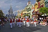 Band in Parade along Main Street at Walt Disney Magic Kingdom Theme Park Orlando Florida Central