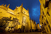 Marques del Arco street and Cathedral at night,  Segovia. Castilla-Leon,  Spain