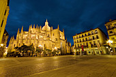 Plaza Mayor (Main square) and Cathedral at night,  Segovia. Castilla-Leon,  Spain