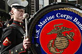 New York City USA,  a Marine corps band drummer at the Veterans Day parade