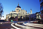 The Almudena cathedral and Bailén street Night view Madrid Spain