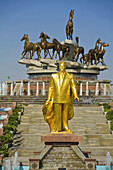 Takhi horse statue built for the Tenth anniversary of Independance and gold statue of former president for life Saparmurat  Niyazov - Turkmenbashi,  Ashkabad,  Turkmenistan