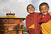 India,  Sikkim,  Ravangla Rabongla,  Karma Theckhling Monastery - a new monastery - made in traditional Sikkim style of stone and mud with Eight corners,  Novice monks