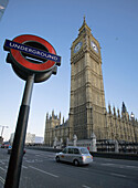 Westminster Underground Underground sign & Big Ben,  Westminster,  London,  UK