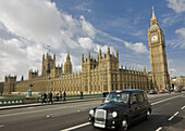 Cab in Westminster bridge  Houses of Parliament,  Big Ben  London,  United Kingdom
