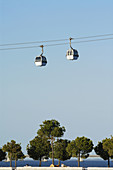 Lisbon Portugal Park of Nations Parque das Nacoes Cable cars glide above the waterfront promenade