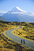 Cyclist riding to Mt Cook New Zealand