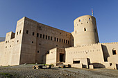 historic adobe fortification Rustaq Fort or Castle,  Hajar al Gharbi Mountains,  Batinah Region,  Sultanate of Oman,  Arabia,  Middle East