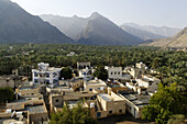 view over Nakhal,  Nakhl oasis,  Hajar al Gharbi Mountains,  Batinah Region,  Sultanate of Oman,  Arabia,  Middle East