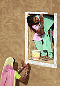 India,  Rajasthan,  Jaisalmer,  women painting a house