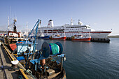 Fischerboote und Kreuzfahrtschiff MS Deutschland im Hafen von Lerwick, Mainland, Shetland-Inseln, Schottland, Großbritannien, Europa