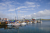 Sailing boats alongside jetty at harbour, Lerwick, Mainland, Shetland Islands, Scotland, Great Britain, Europe