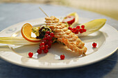 Prawn kebab, prawn skewer, served with chicory and red currants