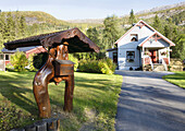 Wooden letter box in front of residential house, Norway, Scandinavia, Europe