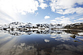 Lake in the snow covered Roldalsfjellet, Fjell, Hordaland, Norway, Scandinavia, Europe
