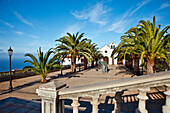 Dorfkirche hinter Palmen im Sonnenlicht, Santo Domingo de Garafia, La Palma, Kanarische Inseln, Spanien, Europa