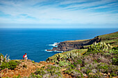 Hiker at the coast looking at the sea, Santo Domingo de Garafia, La Palma, Canary Islands, Spain, Europe