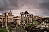 View from Piazza del Campidoglio towards the Temple of Saturn and Arch of Septimius Severus, Roman Forum, Rome, Italy, Europe