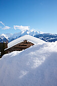 Snow covered hut, Piz Riein, Canton of Grisons, Switzerland