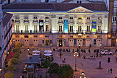Pavement cafe in Plaza Santa Ana, Teatro Espanol in the background, Calle de Huertas, Madrid, Spain