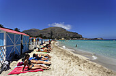 View along beach of Mondello, Palermo, Sicily, Italy