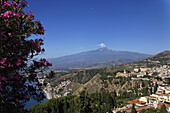View over Taormina to Mount Etna, Taormina, Sicily, Italy