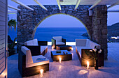 Terrace with lounge furniture, Mykonos, Cyclades, Geece
