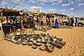 Souvenir shops at Mandara Lakes, oasis Um el Ma, libyan desert, Libya, Sahara, North Africa