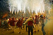 Correfoc or fire runs in Alaro  Majorca  Typical Catalan festival where people dessed like devils light fireworks while dancing in the streets  Balearic Islands  Spain  Correfoc en Alaro  Mallorca  Festival tipico catalan donde gente disfrazada de demonio