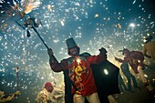 Correfoc or fire runs in Alaro  Majorca  Typical Catalan festival where people dessed like devils light fireworks while dancing in the streets  Balearic Islands  Spain  Correfoc en Alaro  Mallorca  Festival tipico catalan donde gente disfrazada de demonio