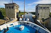 Cruise ship, Lock on Vytegra River, Volga-Baltic Waterway, Russia