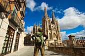 Pilgrim in front cathedral  Burgos  Castilla y Leon  Spain  Peregrino frente a la catedral  Burgos  Castilla y Leon  Spain