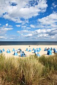 blue wicker beach chairs at the seaside resort Bansin on the Island of Usedom, Baltic Sea, Mecklenburg Vorpommern, West Pomerania, Germany, Europe.