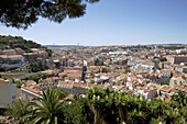 View towards the old Baixa city center and the river Tejo, Lisbon, Portugal