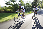 Two men on racing bikes on a country road, Marche, Italy, Europe